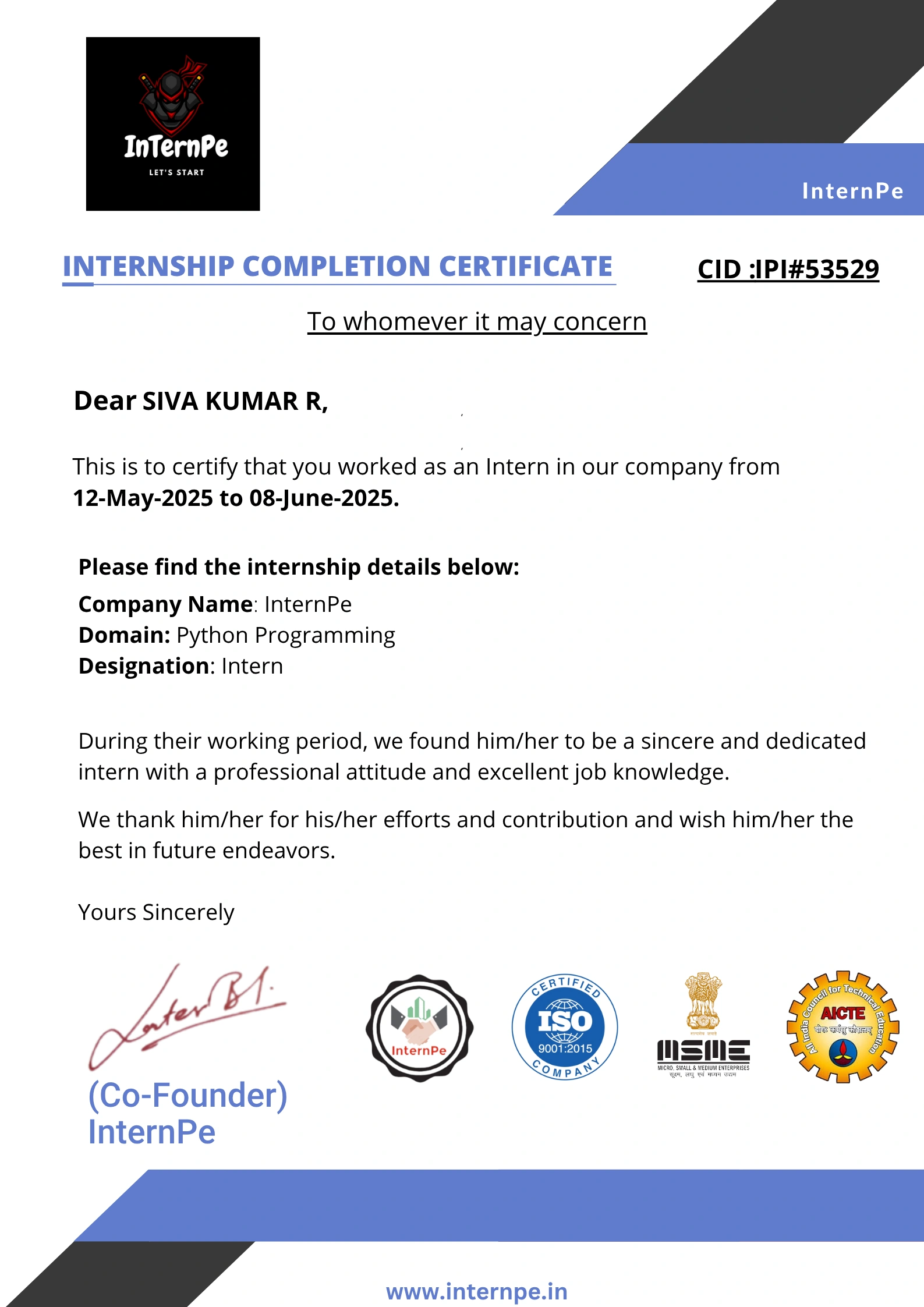 Siva Kumar R Python Internship Certification